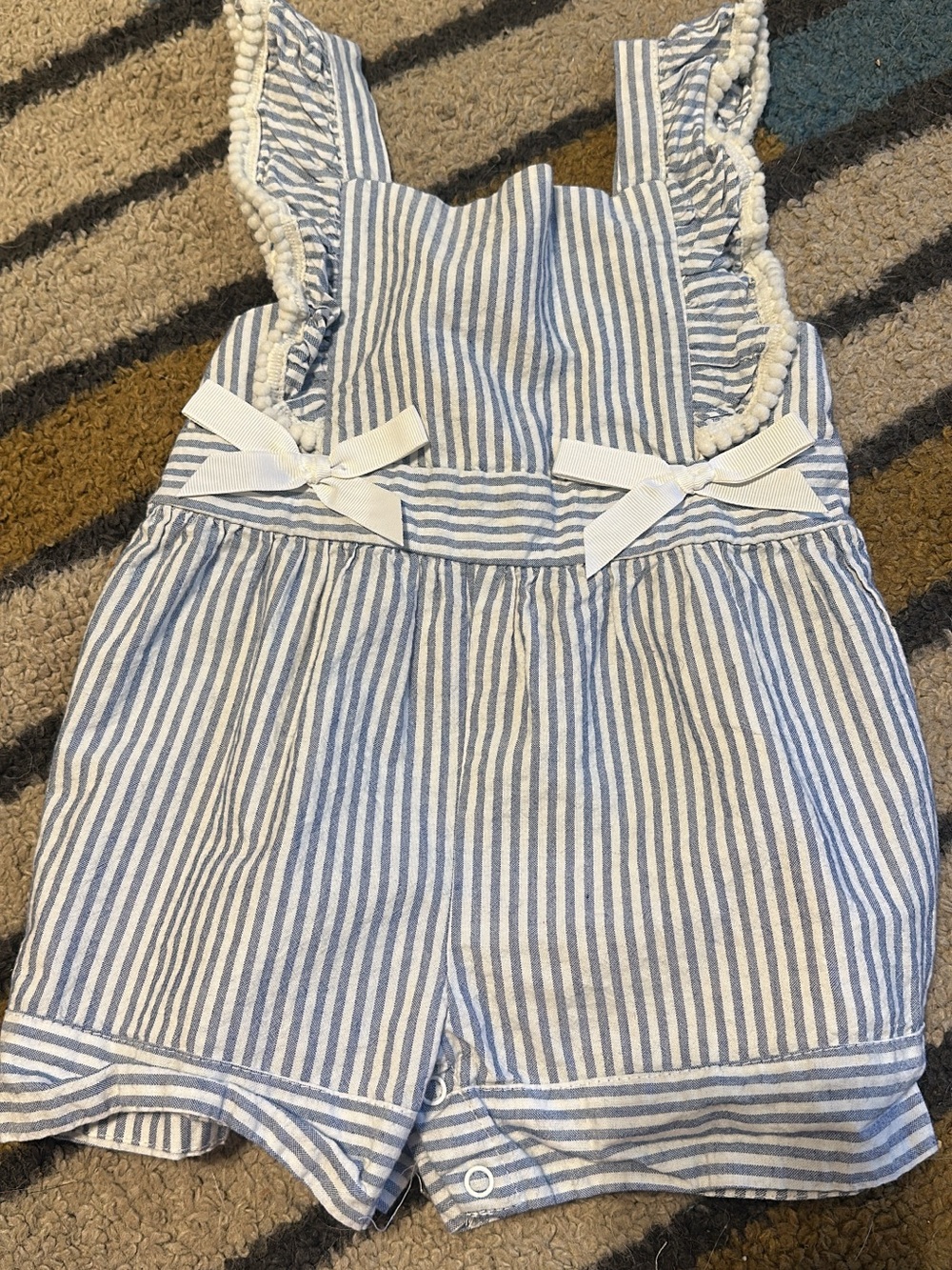 Rare Editions Blue and White Striped Girls' Overalls with White Bows